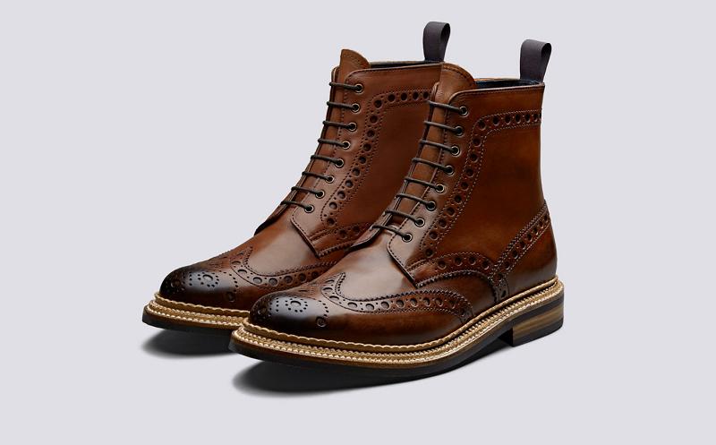 Grenson Fred Mens Brogue Boots - Brown Handpainted Leather with a Triple Welt and Rubber Sole CP2576
